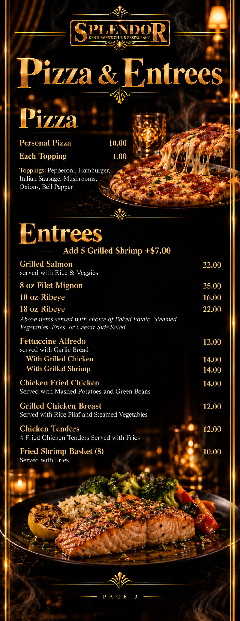 Splendor menu page 3 — Pizza and Entrees
